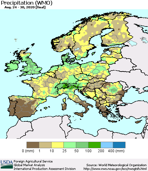 Europe Precipitation (WMO) Thematic Map For 8/24/2020 - 8/30/2020