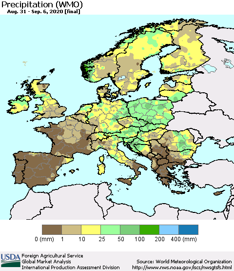 Europe Precipitation (WMO) Thematic Map For 8/31/2020 - 9/6/2020