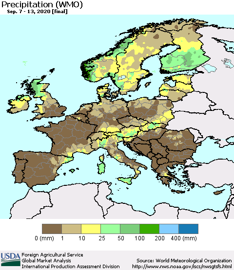 Europe Precipitation (WMO) Thematic Map For 9/7/2020 - 9/13/2020