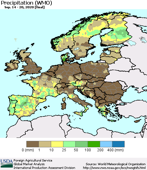 Europe Precipitation (WMO) Thematic Map For 9/14/2020 - 9/20/2020