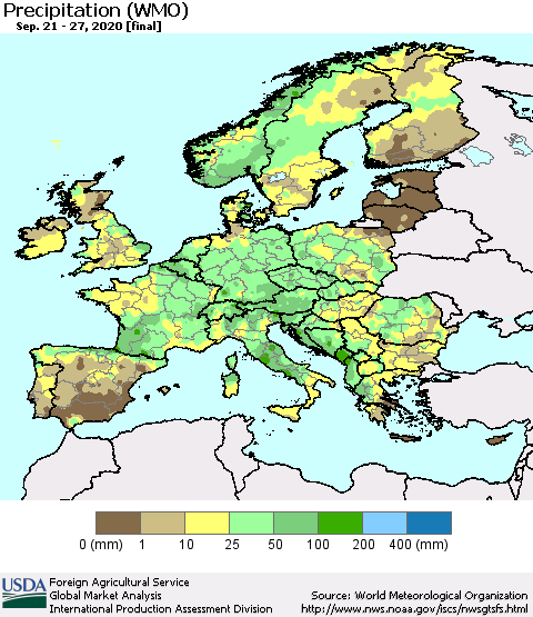 Europe Precipitation (WMO) Thematic Map For 9/21/2020 - 9/27/2020