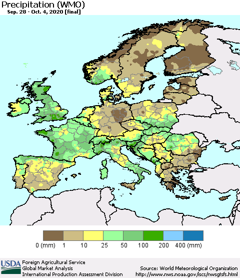 Europe Precipitation (WMO) Thematic Map For 9/28/2020 - 10/4/2020