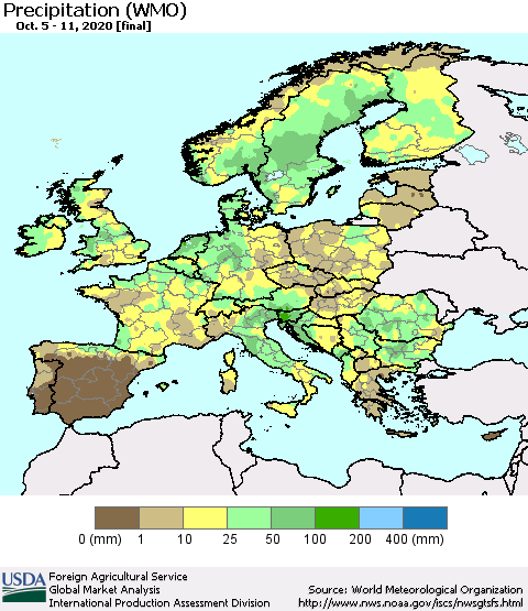 Europe Precipitation (WMO) Thematic Map For 10/5/2020 - 10/11/2020