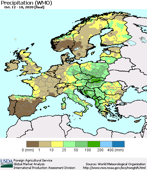 Europe Precipitation (WMO) Thematic Map For 10/12/2020 - 10/18/2020