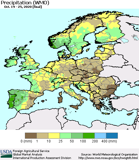 Europe Precipitation (WMO) Thematic Map For 10/19/2020 - 10/25/2020