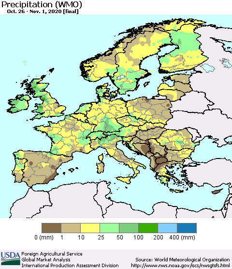 Europe Precipitation (WMO) Thematic Map For 10/26/2020 - 11/1/2020