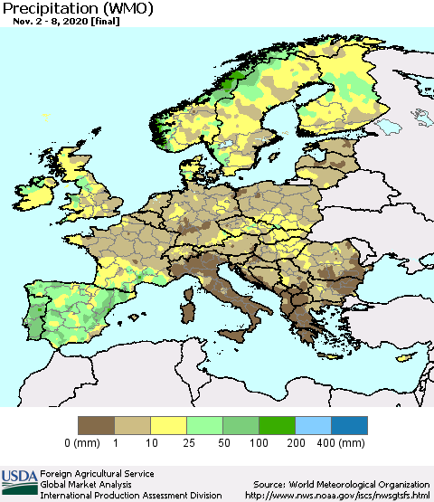 Europe Precipitation (WMO) Thematic Map For 11/2/2020 - 11/8/2020