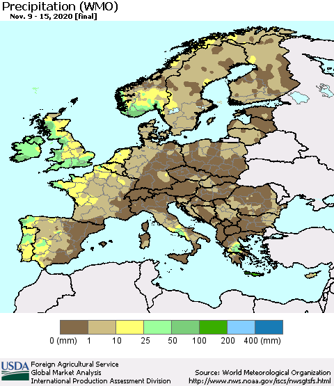 Europe Precipitation (WMO) Thematic Map For 11/9/2020 - 11/15/2020