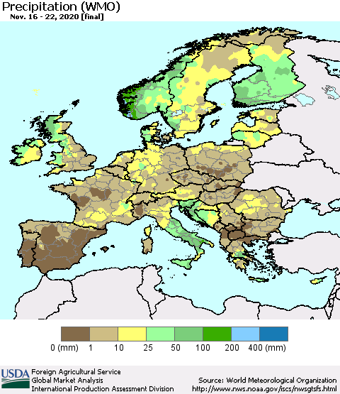 Europe Precipitation (WMO) Thematic Map For 11/16/2020 - 11/22/2020