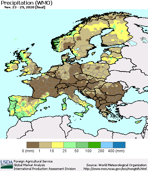 Europe Precipitation (WMO) Thematic Map For 11/23/2020 - 11/29/2020