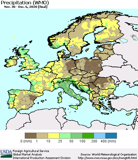 Europe Precipitation (WMO) Thematic Map For 11/30/2020 - 12/6/2020