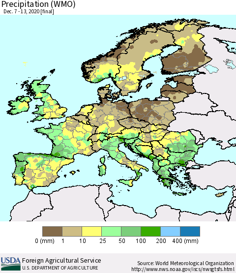 Europe Precipitation (WMO) Thematic Map For 12/7/2020 - 12/13/2020