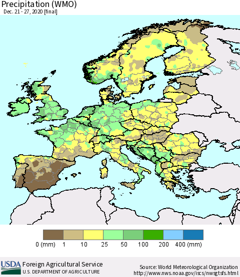 Europe Precipitation (WMO) Thematic Map For 12/21/2020 - 12/27/2020