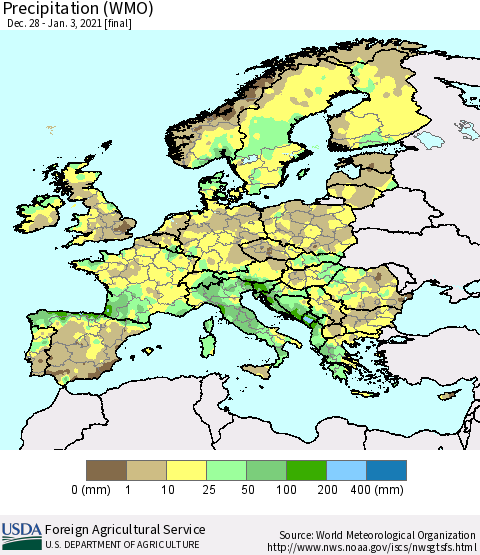 Europe Precipitation (WMO) Thematic Map For 12/28/2020 - 1/3/2021