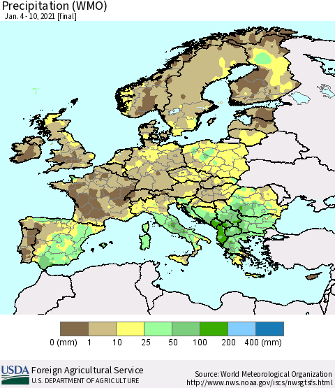Europe Precipitation (WMO) Thematic Map For 1/4/2021 - 1/10/2021