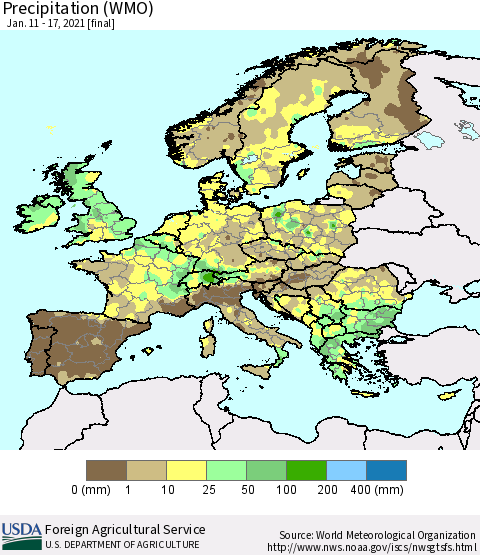 Europe Precipitation (WMO) Thematic Map For 1/11/2021 - 1/17/2021