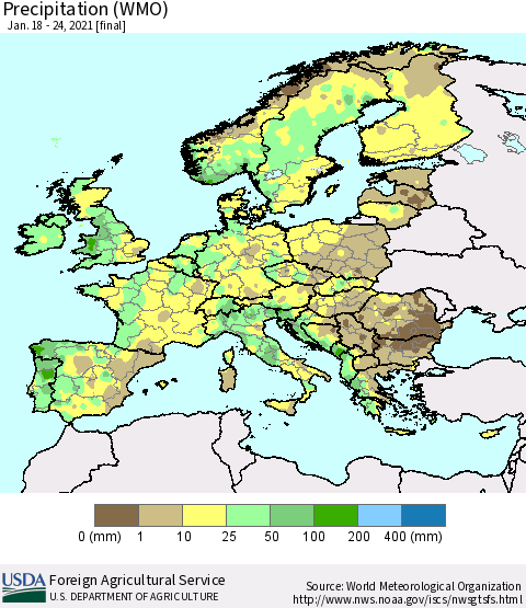 Europe Precipitation (WMO) Thematic Map For 1/18/2021 - 1/24/2021