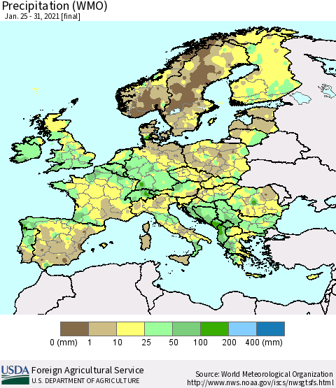 Europe Precipitation (WMO) Thematic Map For 1/25/2021 - 1/31/2021