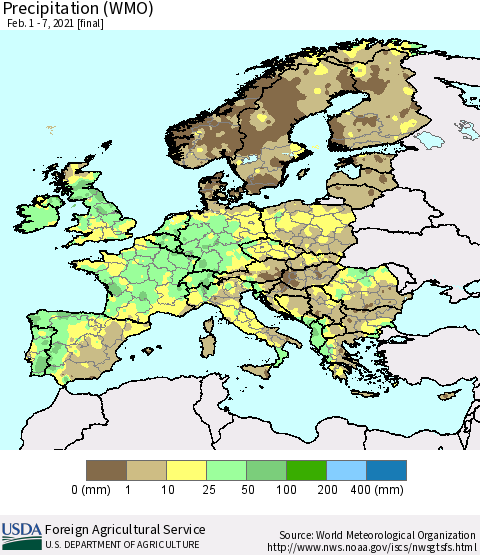 Europe Precipitation (WMO) Thematic Map For 2/1/2021 - 2/7/2021