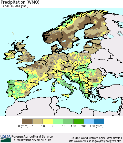 Europe Precipitation (WMO) Thematic Map For 2/8/2021 - 2/14/2021