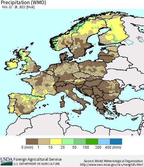 Europe Precipitation (WMO) Thematic Map For 2/22/2021 - 2/28/2021
