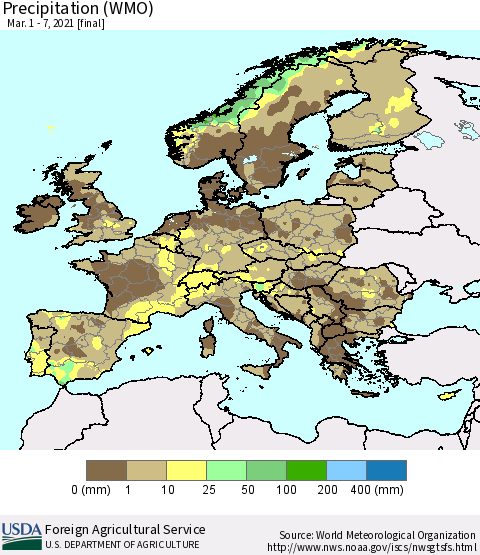 Europe Precipitation (WMO) Thematic Map For 3/1/2021 - 3/7/2021
