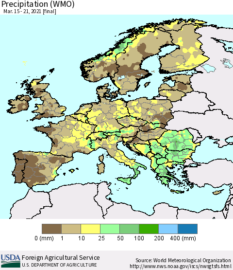 Europe Precipitation (WMO) Thematic Map For 3/15/2021 - 3/21/2021