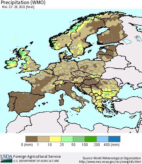 Europe Precipitation (WMO) Thematic Map For 3/22/2021 - 3/28/2021