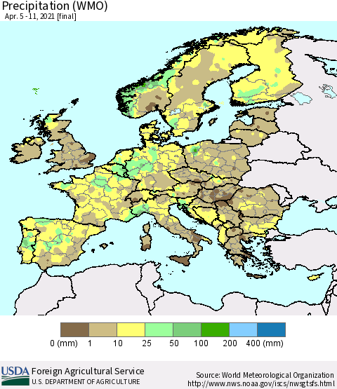 Europe Precipitation (WMO) Thematic Map For 4/5/2021 - 4/11/2021