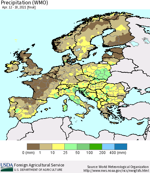 Europe Precipitation (WMO) Thematic Map For 4/12/2021 - 4/18/2021