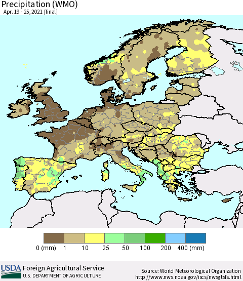 Europe Precipitation (WMO) Thematic Map For 4/19/2021 - 4/25/2021