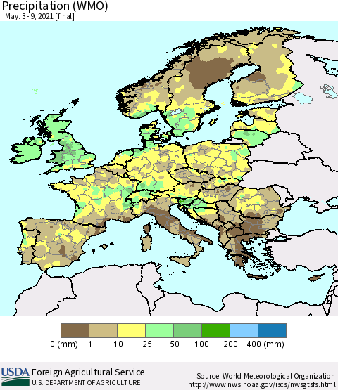 Europe Precipitation (WMO) Thematic Map For 5/3/2021 - 5/9/2021