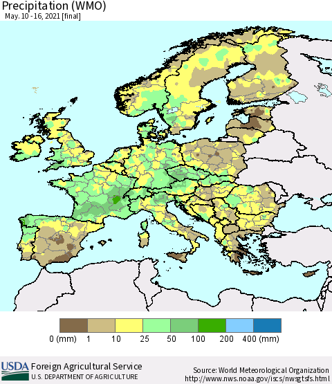 Europe Precipitation (WMO) Thematic Map For 5/10/2021 - 5/16/2021