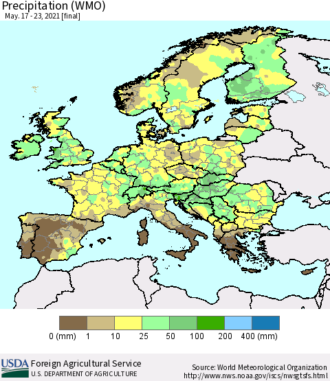 Europe Precipitation (WMO) Thematic Map For 5/17/2021 - 5/23/2021