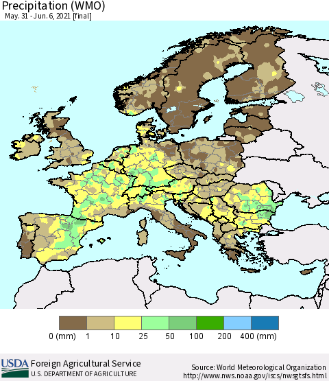 Europe Precipitation (WMO) Thematic Map For 5/31/2021 - 6/6/2021