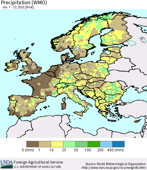 Europe Precipitation (WMO) Thematic Map For 6/7/2021 - 6/13/2021