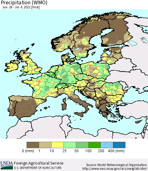 Europe Precipitation (WMO) Thematic Map For 6/28/2021 - 7/4/2021