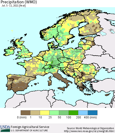 Europe Precipitation (WMO) Thematic Map For 7/5/2021 - 7/11/2021