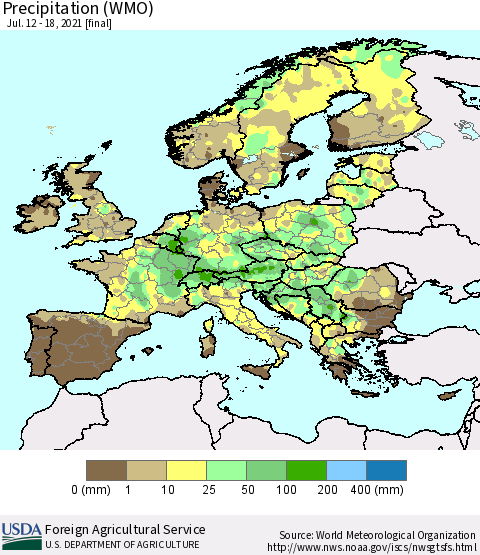 Europe Precipitation (WMO) Thematic Map For 7/12/2021 - 7/18/2021