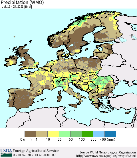 Europe Precipitation (WMO) Thematic Map For 7/19/2021 - 7/25/2021