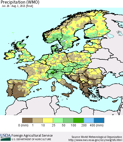 Europe Precipitation (WMO) Thematic Map For 7/26/2021 - 8/1/2021