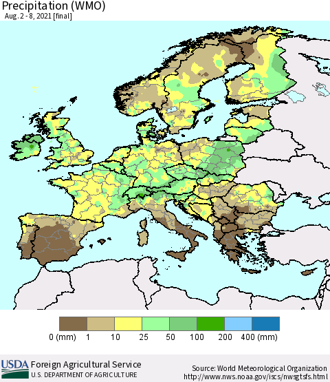 Europe Precipitation (WMO) Thematic Map For 8/2/2021 - 8/8/2021