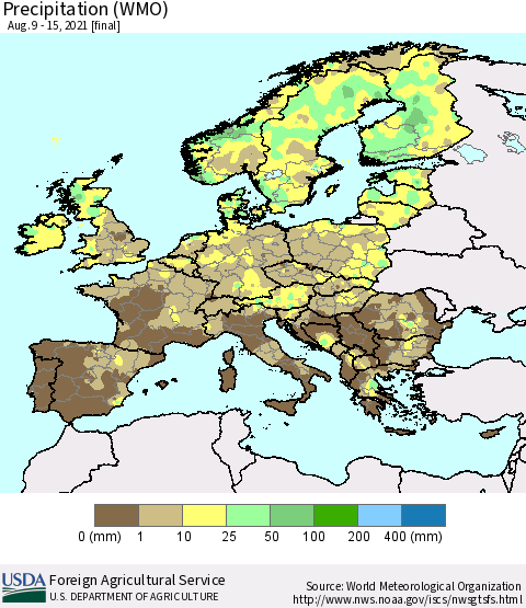 Europe Precipitation (WMO) Thematic Map For 8/9/2021 - 8/15/2021