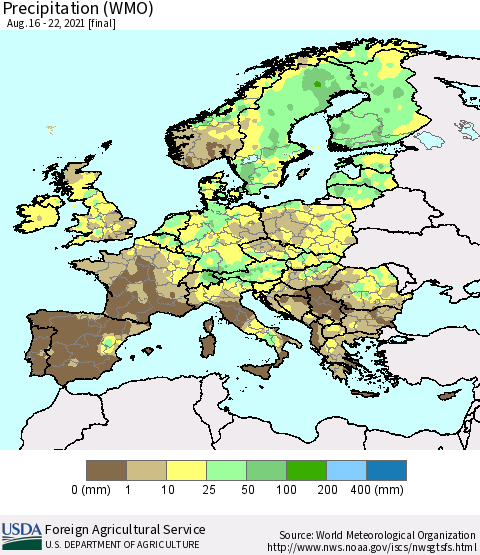 Europe Precipitation (WMO) Thematic Map For 8/16/2021 - 8/22/2021