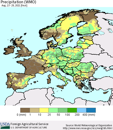 Europe Precipitation (WMO) Thematic Map For 8/23/2021 - 8/29/2021