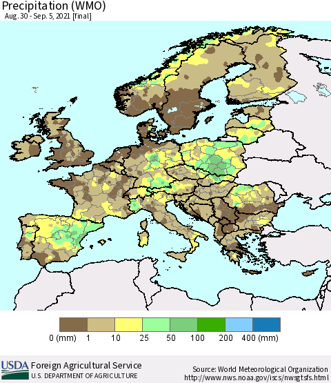 Europe Precipitation (WMO) Thematic Map For 8/30/2021 - 9/5/2021