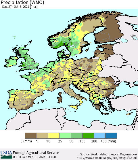 Europe Precipitation (WMO) Thematic Map For 9/27/2021 - 10/3/2021