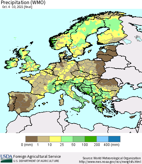 Europe Precipitation (WMO) Thematic Map For 10/4/2021 - 10/10/2021