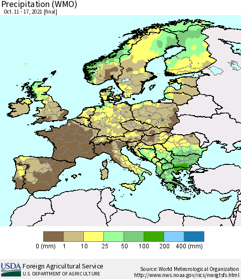 Europe Precipitation (WMO) Thematic Map For 10/11/2021 - 10/17/2021