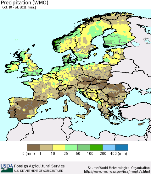 Europe Precipitation (WMO) Thematic Map For 10/18/2021 - 10/24/2021